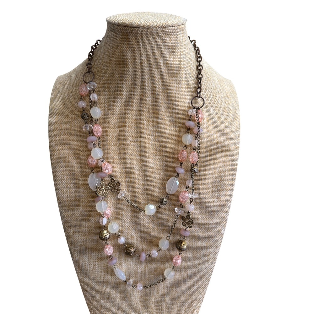 Triple Strand Beaded Necklace Blush Pink White Floral Charms Bronze Tone